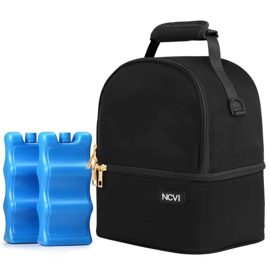 NCVI Breastmilk Cooler Bag – Black Insulated Nursing Travel Bag with Ice Pack, Fits 6 Bottles, Perfect Baby Bottle & Lunch Bag