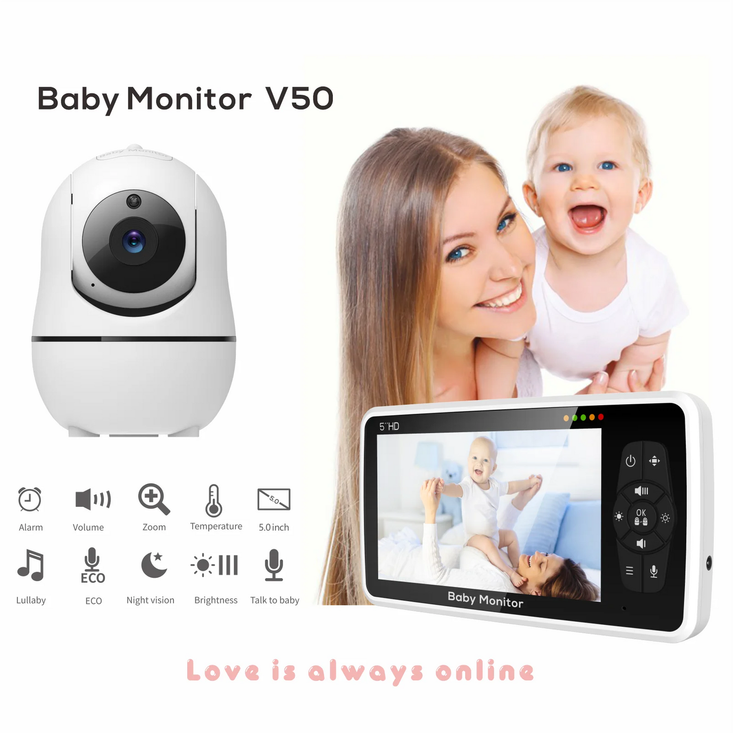 5 Video Baby Monitor – HD Camera with 4X Zoom, 22H Battery, 1000ft Range, 2-Way Audio, Temperature Sensor & Soothing Lullabies