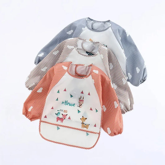 Waterproof Baby Bib – Cute Colorful Cartoon Design with Long Sleeves & Pocket, Perfect for Self-Feeding & Mess-Free Meals (0-3Y)