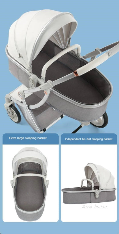 2025 New 2in1/3in1 Luxury Baby Stroller with Car Seat, Leather Eggshell High Landscape Newborn Baby Carriage