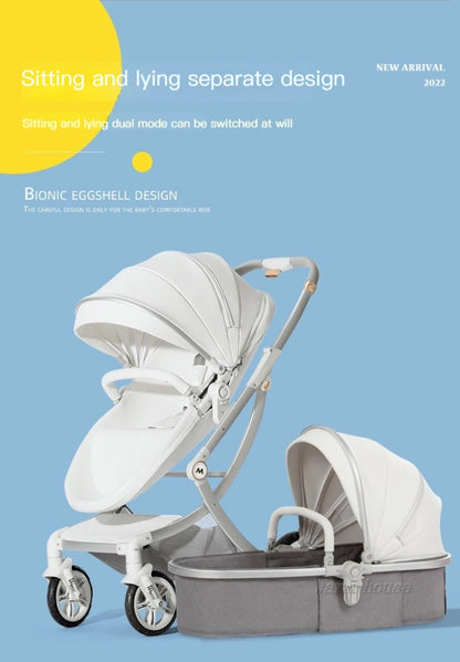 2025 New 2in1/3in1 Luxury Baby Stroller with Car Seat, Leather Eggshell High Landscape Newborn Baby Carriage