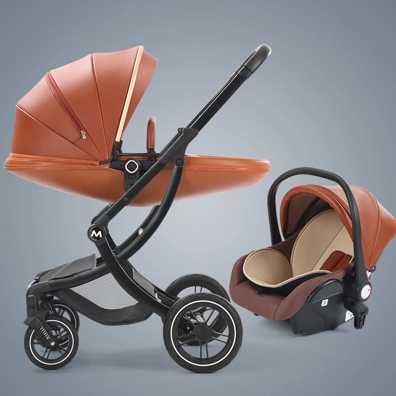 2025 New 2in1/3in1 Luxury Baby Stroller with Car Seat, Leather Eggshell High Landscape Newborn Baby Carriage