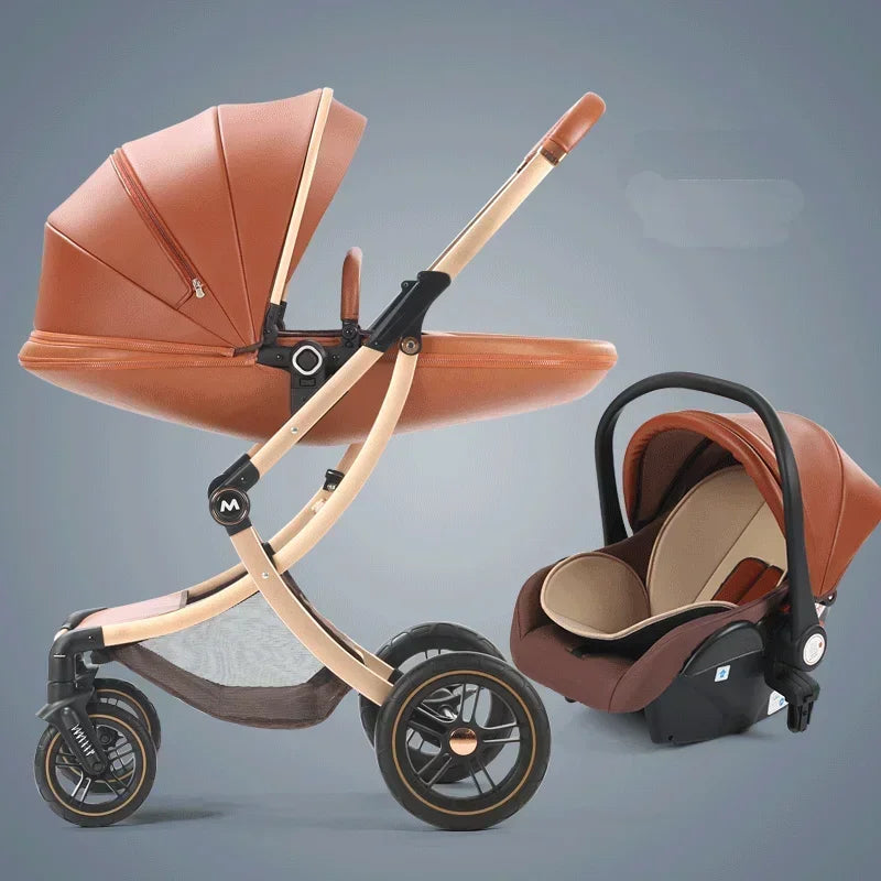 2025 New 2in1/3in1 Luxury Baby Stroller with Car Seat, Leather Eggshell High Landscape Newborn Baby Carriage