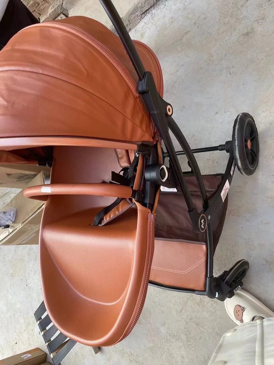 2025 New 2in1/3in1 Luxury Baby Stroller with Car Seat, Leather Eggshell High Landscape Newborn Baby Carriage