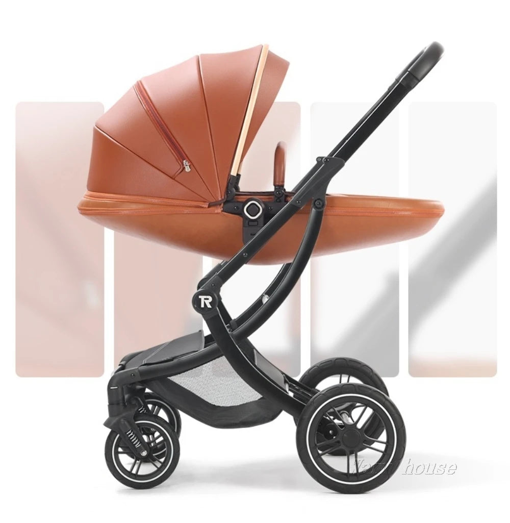 2025 New 2in1/3in1 Luxury Baby Stroller with Car Seat, Leather Eggshell High Landscape Newborn Baby Carriage