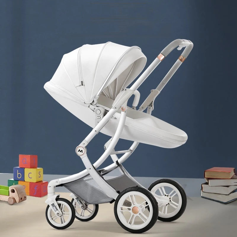 2025 New 2in1/3in1 Luxury Baby Stroller with Car Seat, Leather Eggshell High Landscape Newborn Baby Carriage