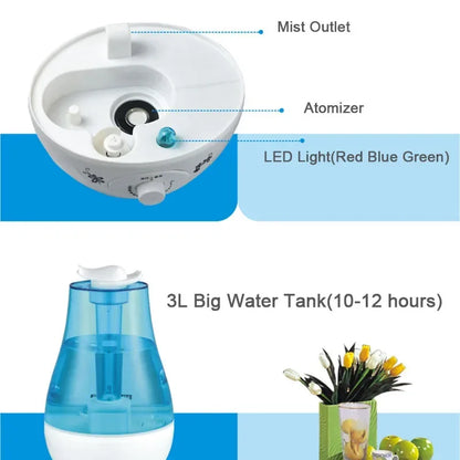 3000ML Ultrasonic Air Humidifier – Double Sprayers for Home, Office & Baby Room, High Mist Volume with Essential Oil Diffuser