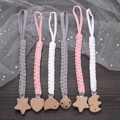 Handmade Wooden & Crochet Baby Pacifier Chain – Moon & Heart Design | Soft, Safe & Stylish Teething Soother Clip