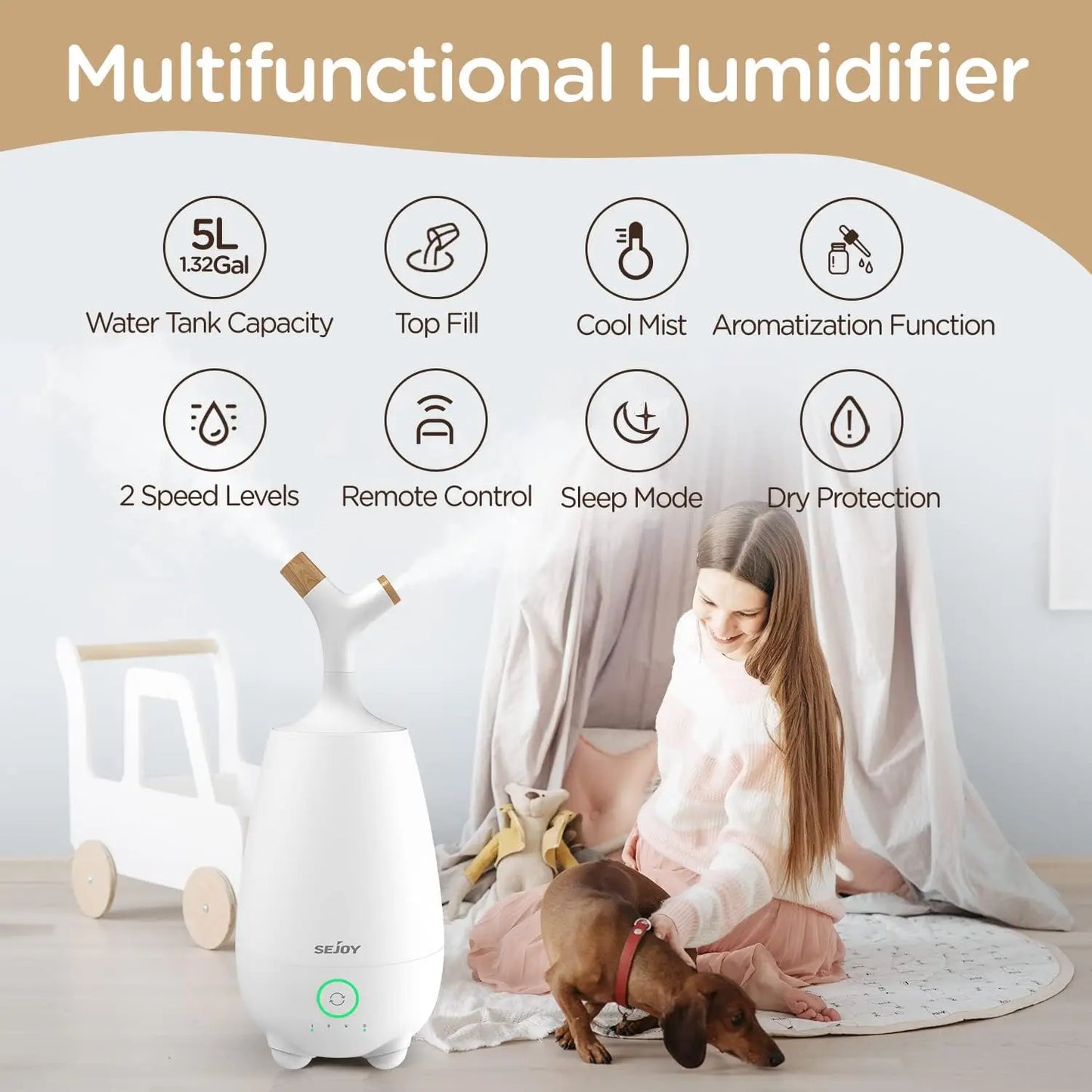 SEJOY 5L Ultrasonic Humidifier for Large Rooms – Ultra Quiet Cool Mist Air Humidifier for Bedroom & Baby