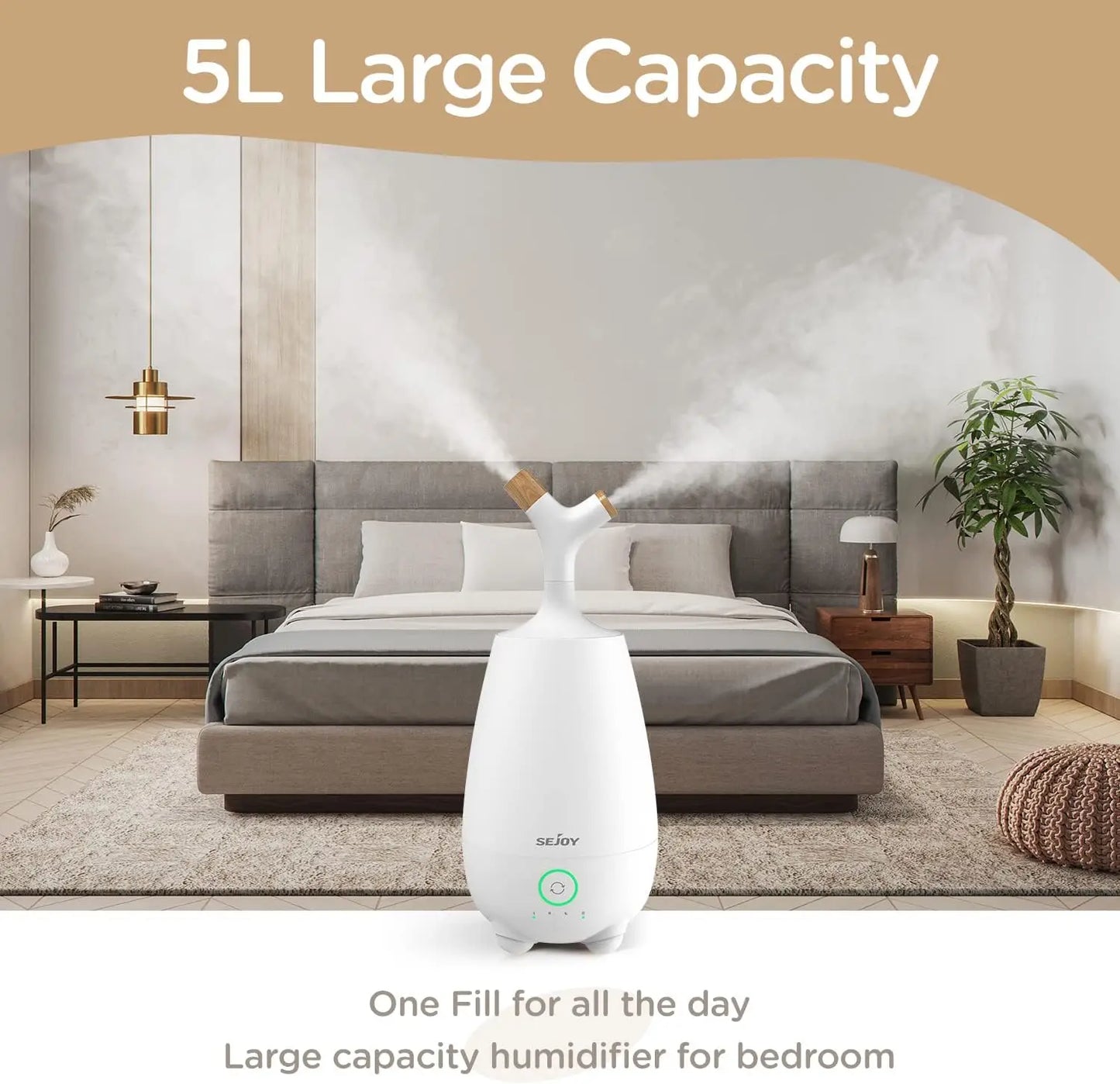 SEJOY 5L Ultrasonic Humidifier for Large Rooms – Ultra Quiet Cool Mist Air Humidifier for Bedroom & Baby